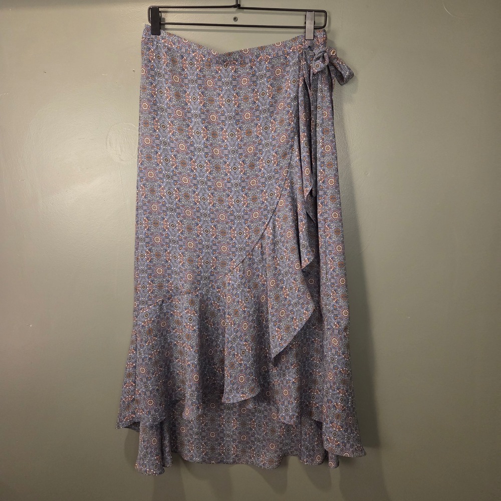 Max Studio Women's Pull On Faux Wrap Midi Skirt Size L Ruffles Floral Print